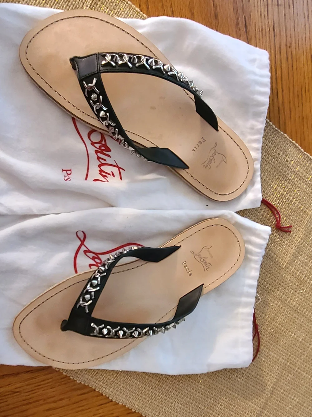 Christian Louboutin Black Embellished Leather Thong Sandals made In SPAIN.
